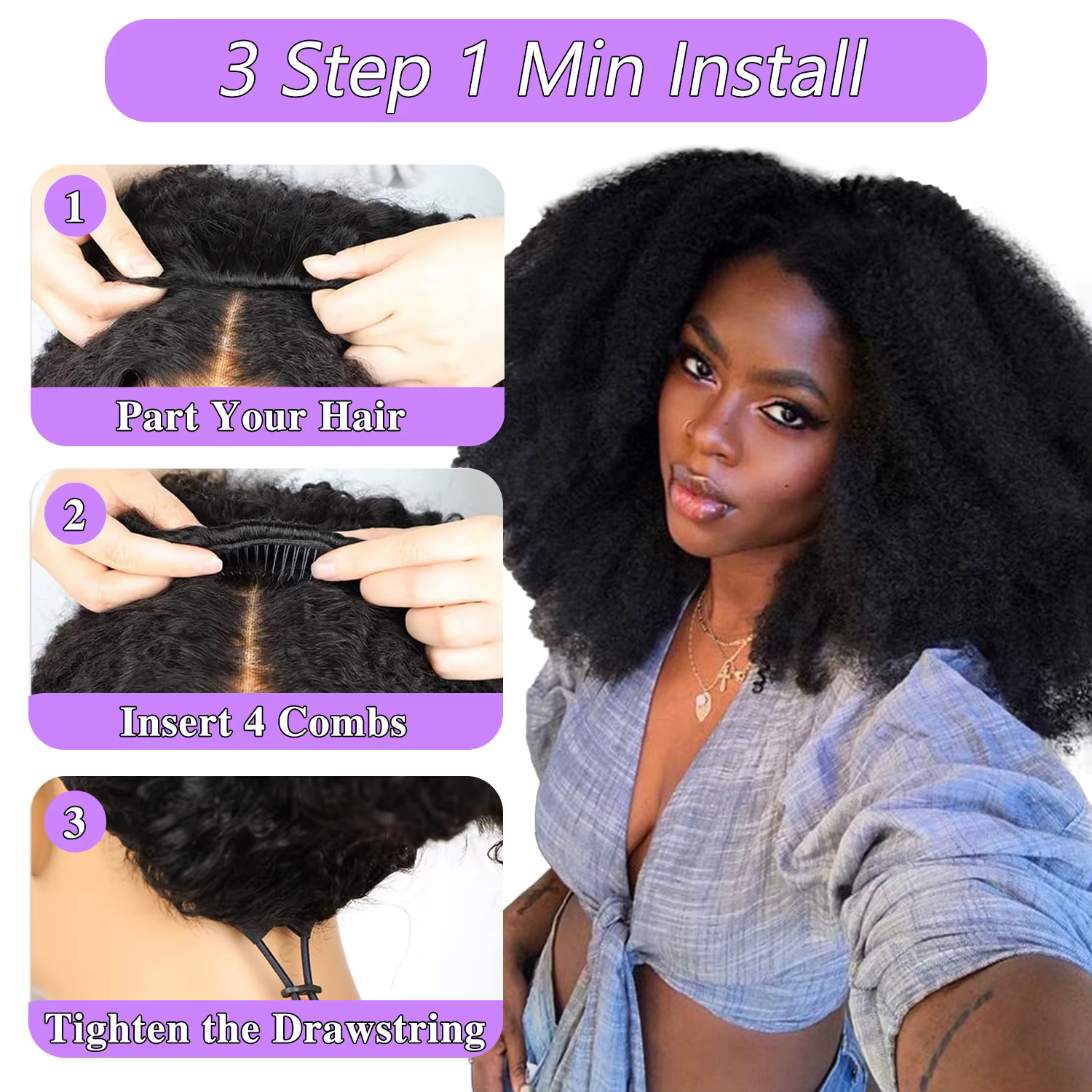 Demi-perruques en cheveux humains sans colle, densité 220 %, avec cordon de serrage réglable, clips