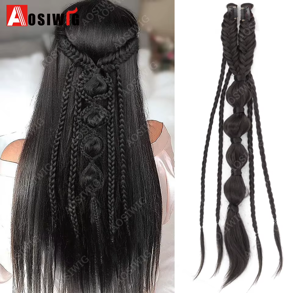Extensions de cheveux tressés synthétiques style elfe, demi-tête, à clipser, postiche noir naturel,