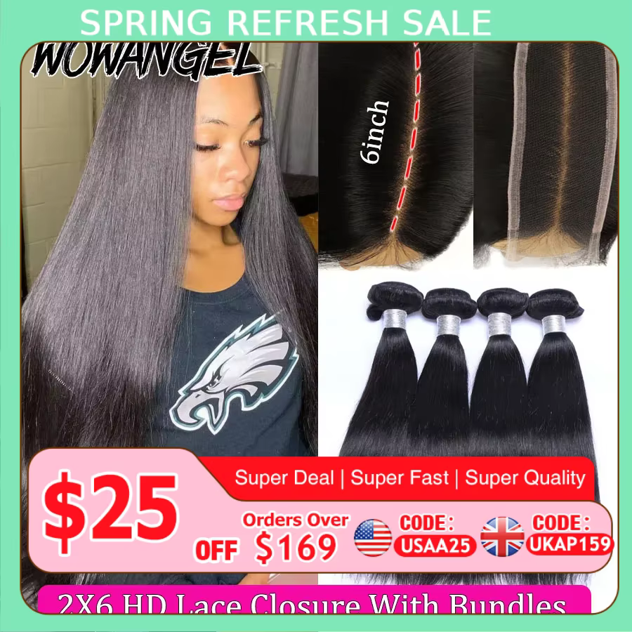 Wow Angel 2x6 HD dentelle fermeture avec paquets cheveux humains raie profonde fondu peaux 30 32 pou