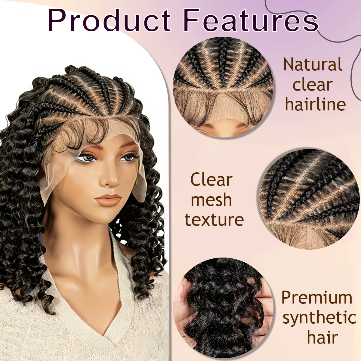 Perruque bouclée tressée style cornrow de 16 pouces avec dentelle HD 13x4, sans colle, pré-épilée, p