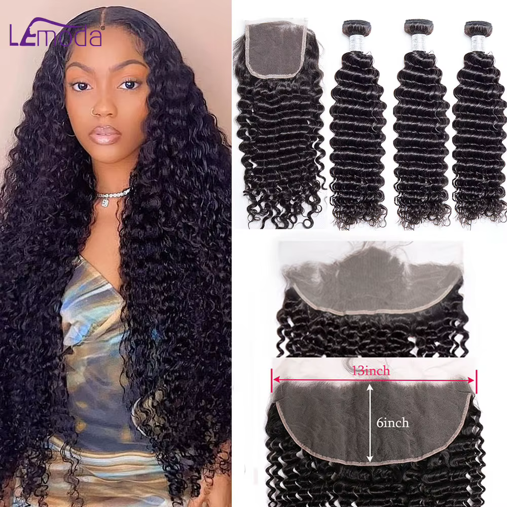 Paquets de cheveux humains de vague bouclée avec fermeture frontale de dentelle transparente HD avec