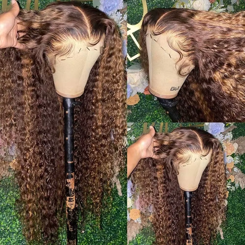 Perruque Lace Frontal Wig naturelle bouclée à reflets, cheveux humains, 13x4, sans colle, HD, Deep W
