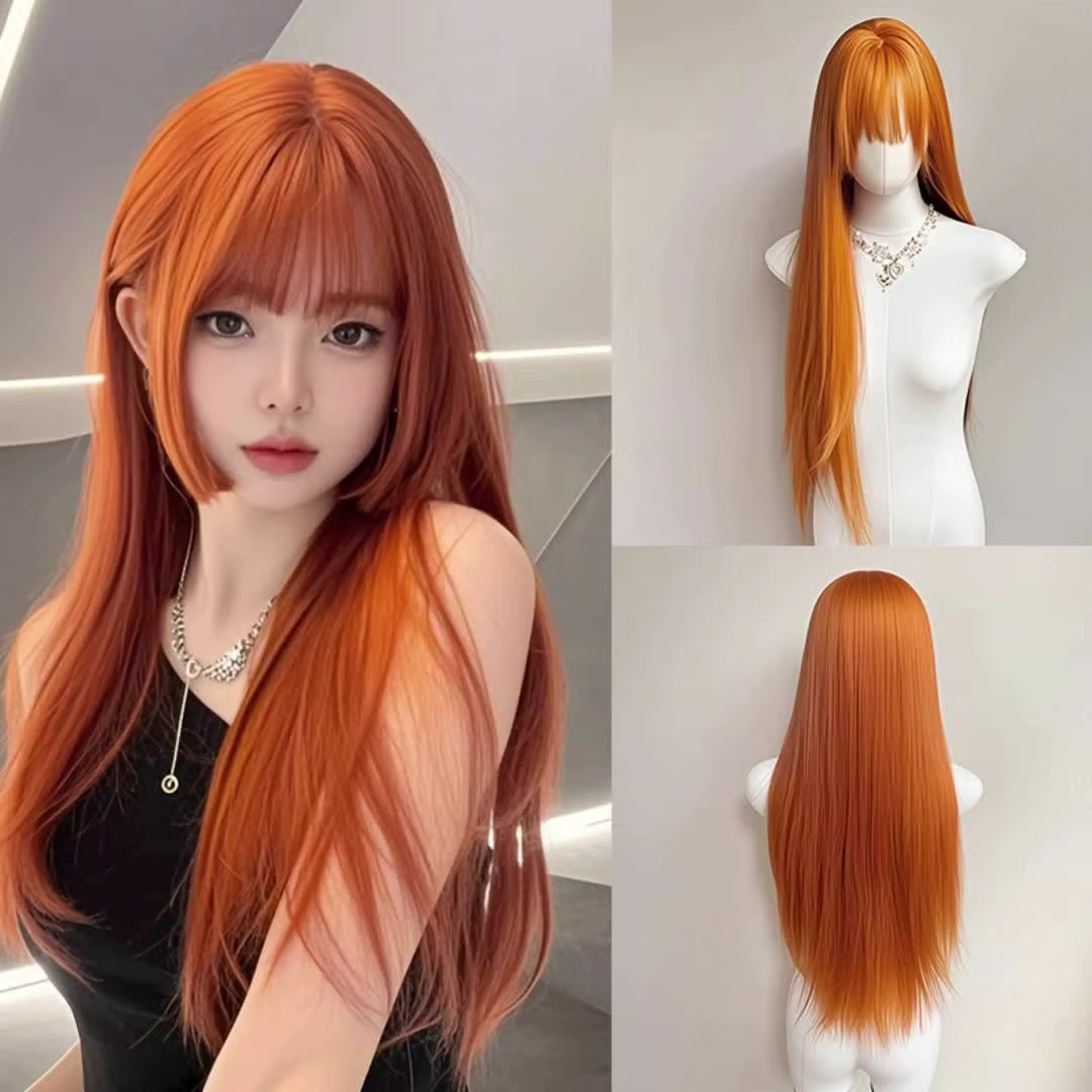 Une perruque quotidienne adaptée à tout le monde, cheveux longs raides orange avec frange, perruque 