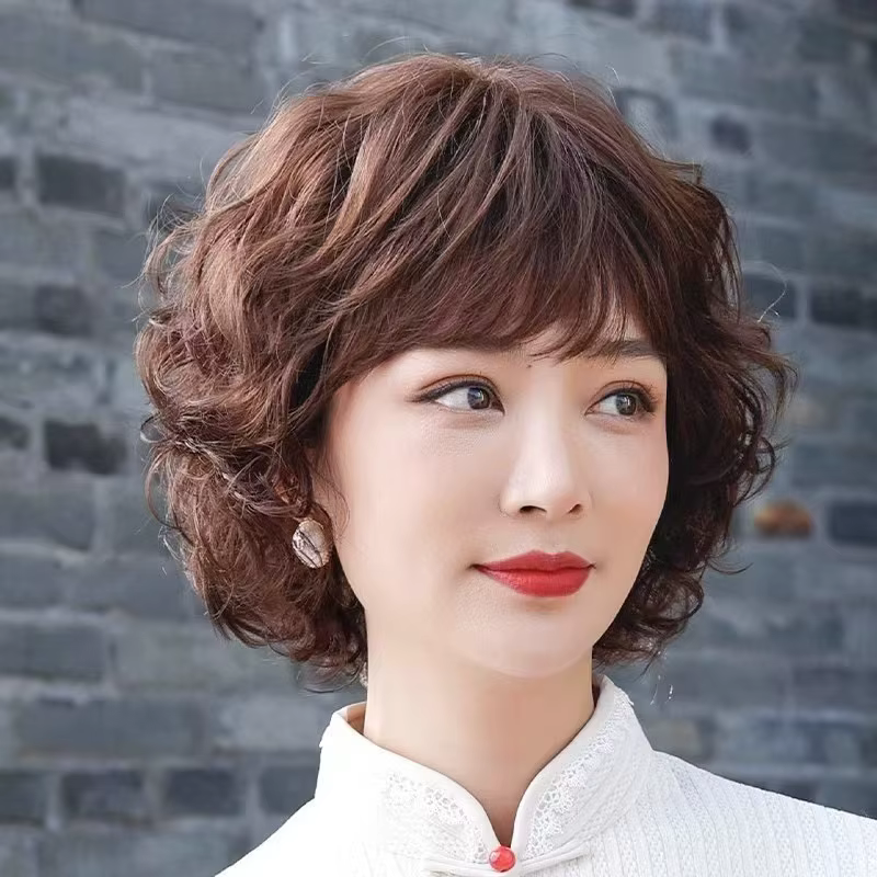 Perruque asiatique bouclée de couleur naturelle/marron foncé, cheveux humains pour femmes d'âge moye