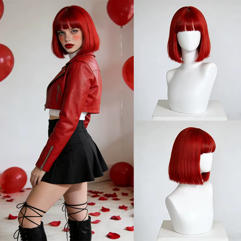 Perruque synthétique rouge courte style bob pour Halloween, cosplay, usage quotidien, kit de perruqu