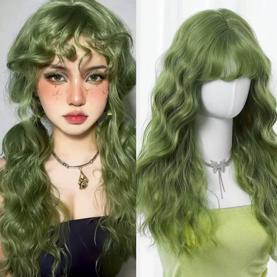 Perruque longue bouclée blonde avec frange, synthétique, style Lolita, mignonne, naturelle, pour fem