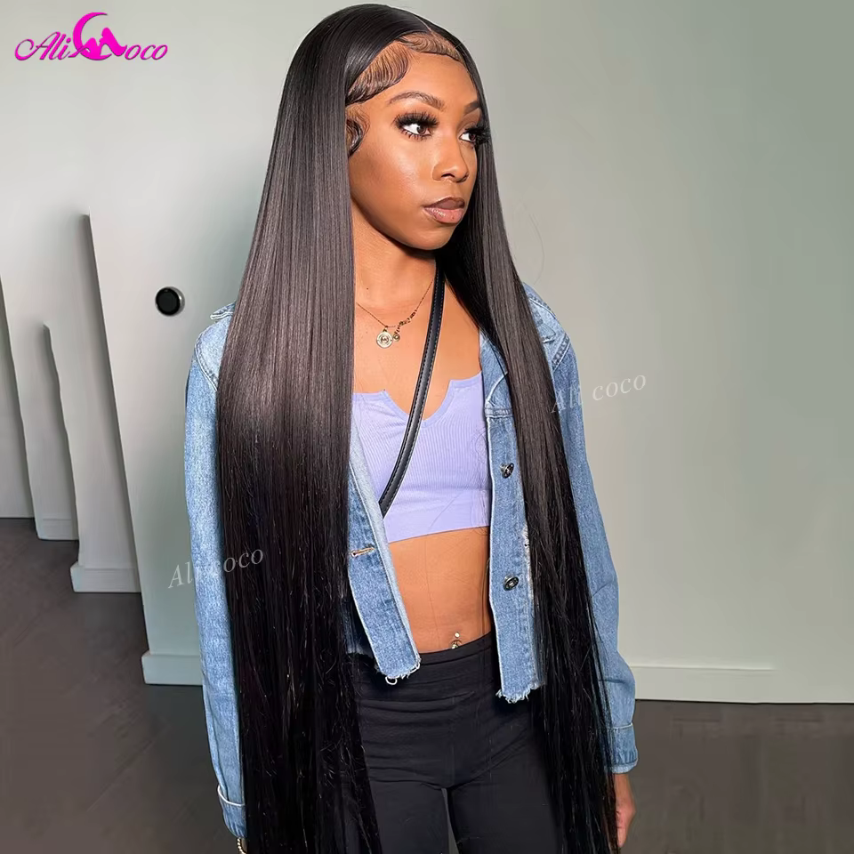 Perruque Lace Front Wig naturelle lisse-ALI COCO, 13x4 13x6, 36 38 pouces, pre-plucked, densité 250,