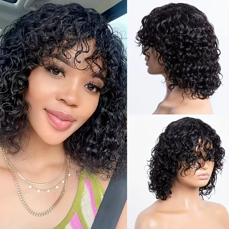 Perruque Bob frisée Heyju 1B en cheveux humains brésiliens, perruque HD Lace avec frange, sans colle
