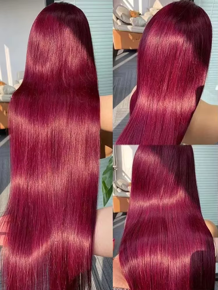 Perruque en cheveux humains longs et raides de couleur rouge, densité 220, Max-lace, 99J Bourgogne,