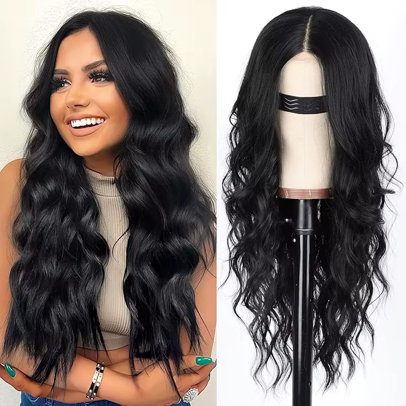 Wigundle HAIR Perruque noire pour femme, naissance des cheveux longue et ondulée avec raie centrale,