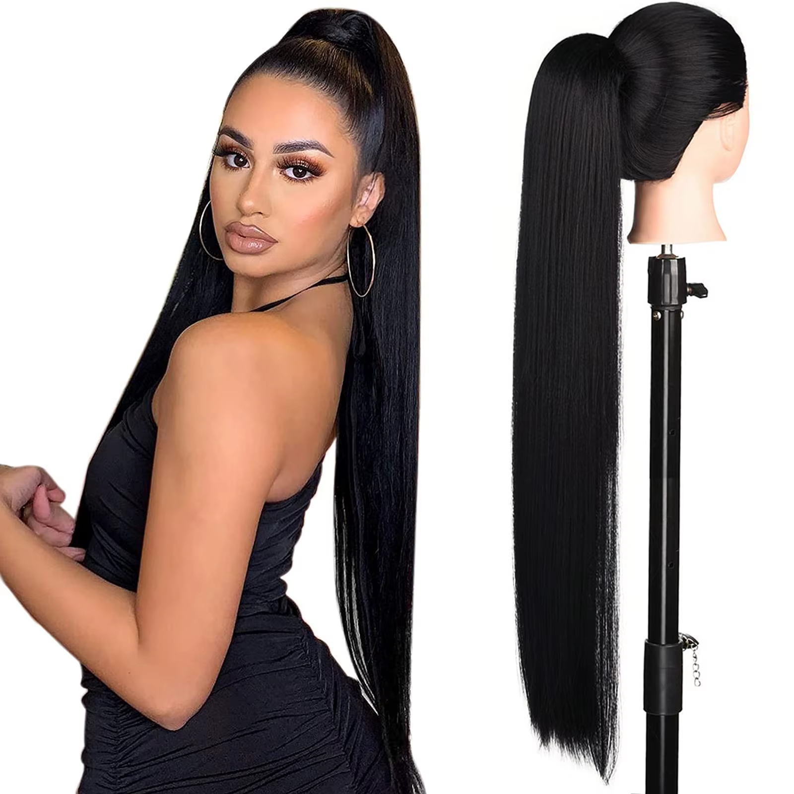 Teresahr synthétique 36 pouces Extension queue de cheval demi Yaki cordon queue de cheval noir longu