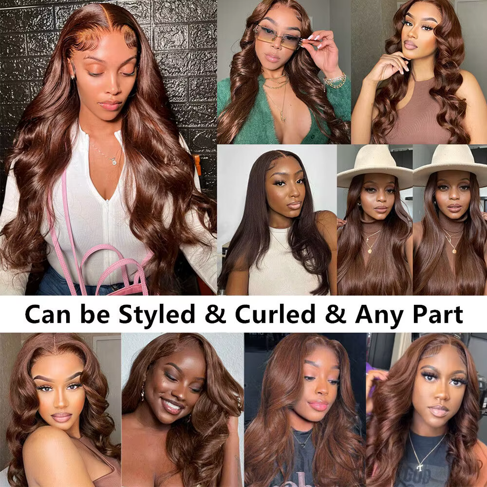 Perruque Lace Front Wig Body Wave brésilienne naturelle, cheveux vierges brun chocolat, pre-plucked,
