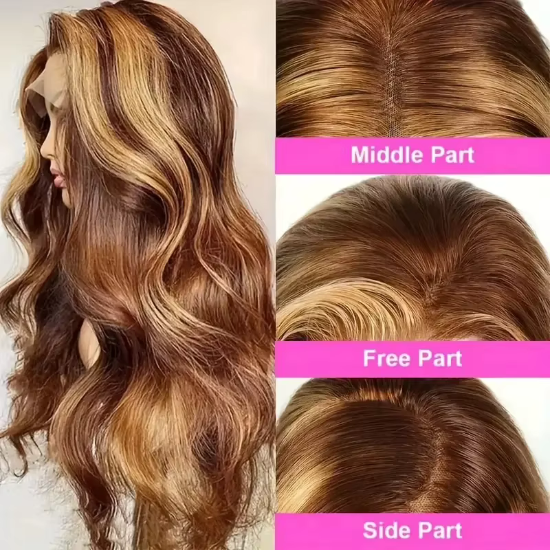 Perruque Lace Frontal Wig naturelle Body Wave ombrée, cheveux humains, 13x4, 13x6, blond miel P4/27,