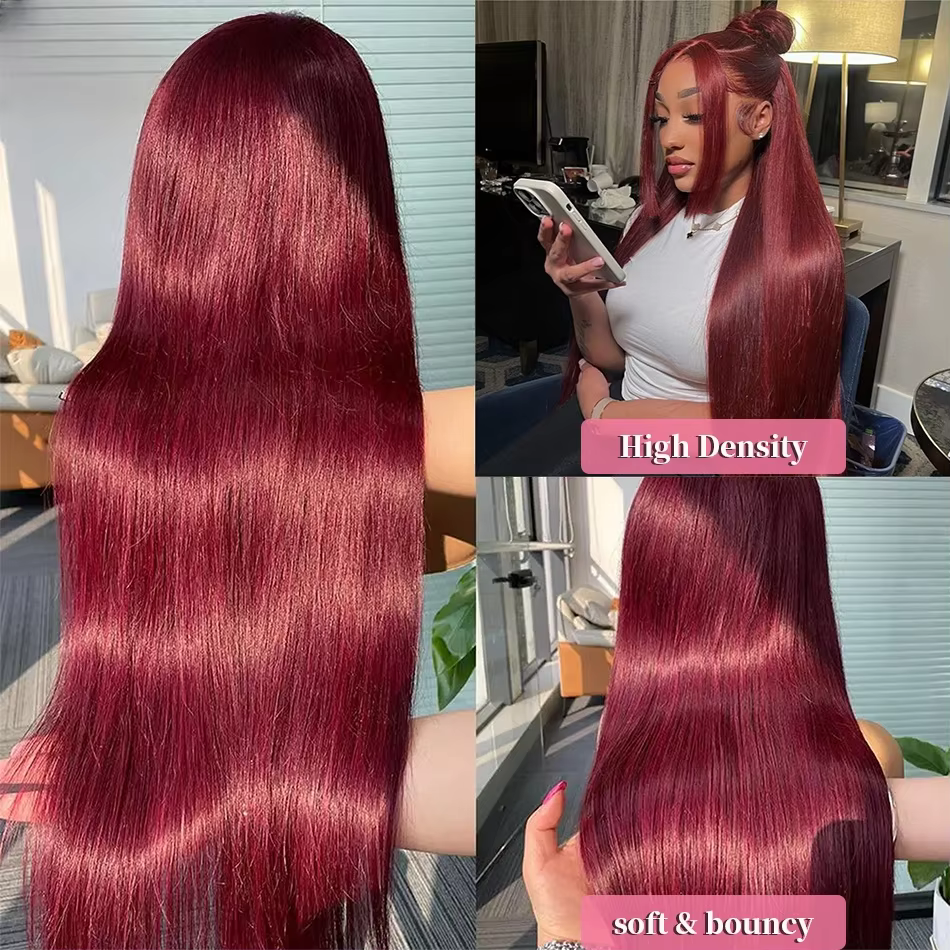 Perruques en cheveux humains lisses 99J bordeaux, perruque frontale en dentelle HD 13x6, perruques e