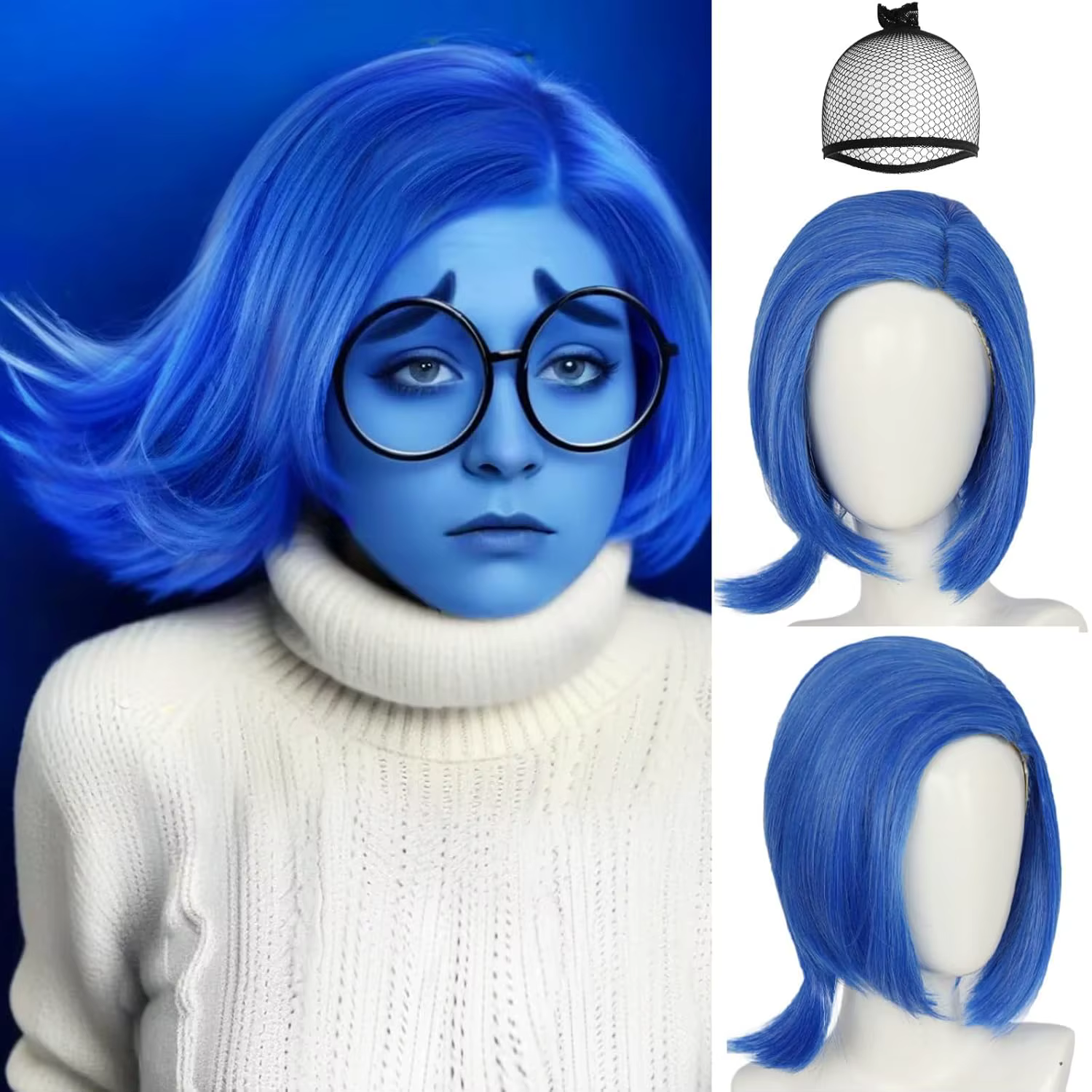 Perruque de tristesse bleue synthétique【+ bonnet de perruque + lunettes】 perruques Bob courtes bleue