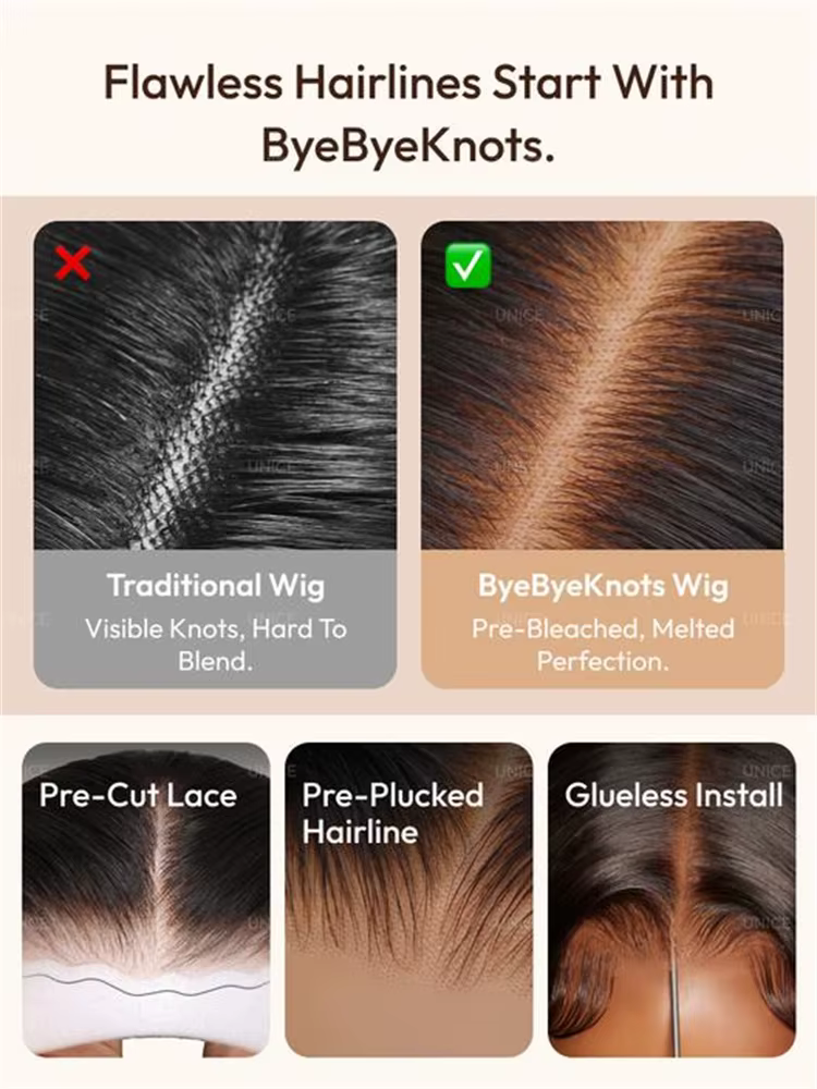 UNice Bye-Bye Knots ™ Perruque Bob à couches avec raie latérale en dentelle 7x5, frange latérale,