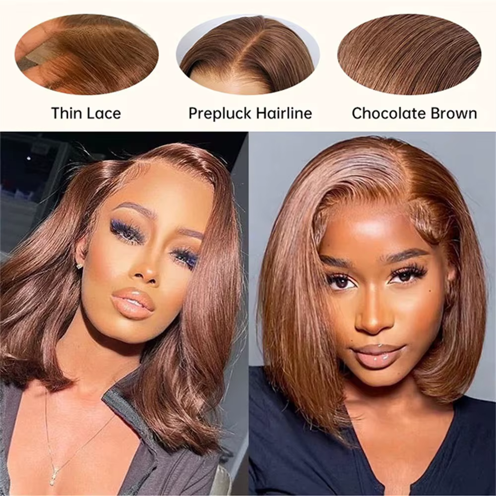 Perruques Courtes Bob en Cheveux Humains Brun Chocolat, Densité 180%, Lisses, Perruque Bob Lace Fron