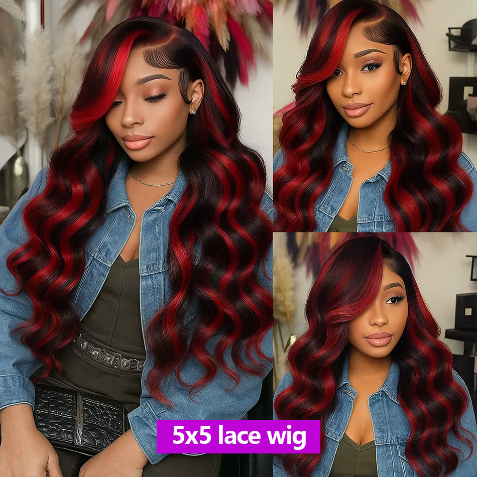 30 pouces noir rouge Blonde perruques cheveux humains bordeaux vague de corps dentelle 1B/99J sans c
