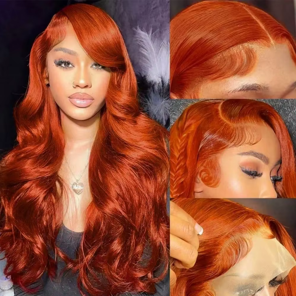 Perruque Lace Frontale 13x6 en Cheveux Humains, Ondulations Profondes Couleur Gingembre Orange, Dens