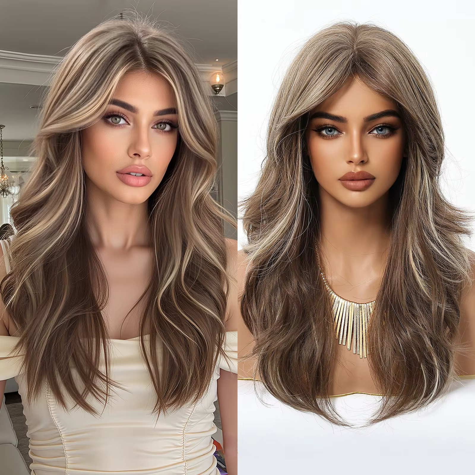 Perruque de cheveux humains mi-longs pour femmes, avec reflets bruns naturels ombrés, perruque synth