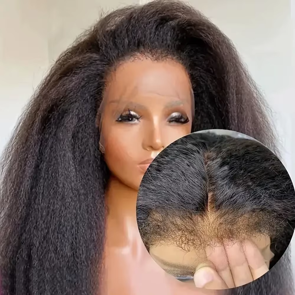 Perruque Kinky Straight à 250 % de densité, fabriquée en cheveux humains, avec une dentelle frontale