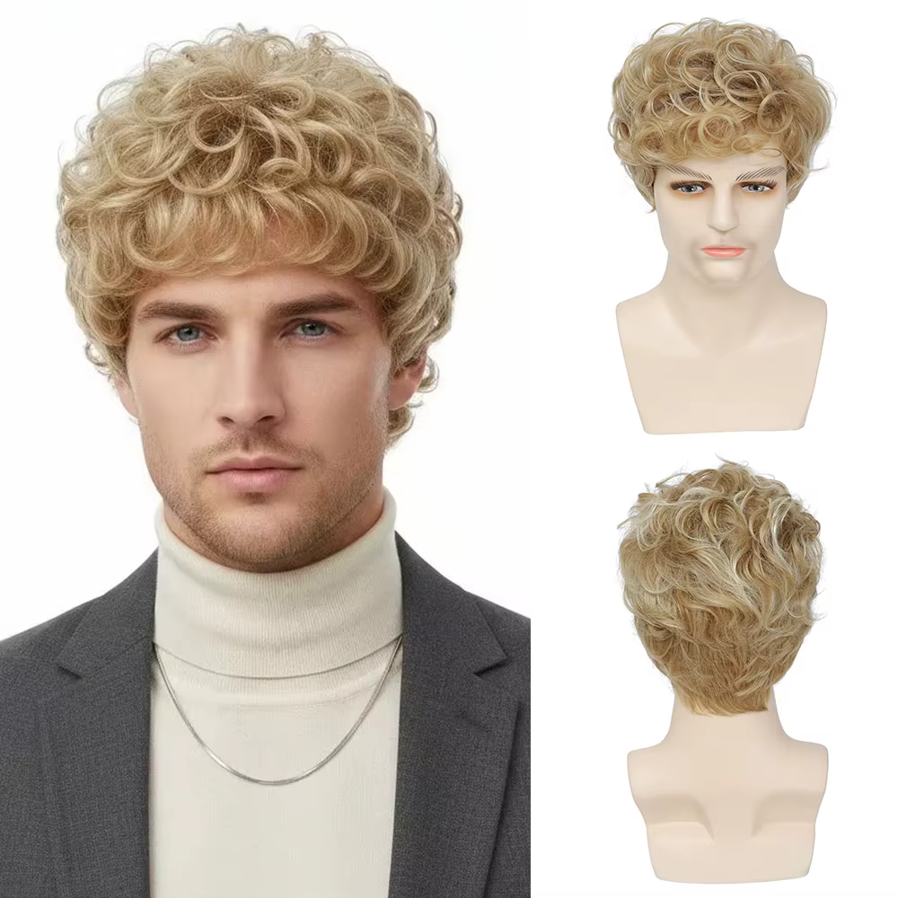 Perruque synthétique courte bouclée Blonde pour hommes, avec frange, perruque réaliste d'apparence m