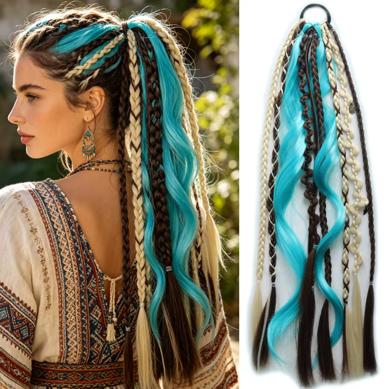 Extensions de queue de cheval synthétiques bohèmes de 20 pouces, cheveux tressés élastiques avec éla