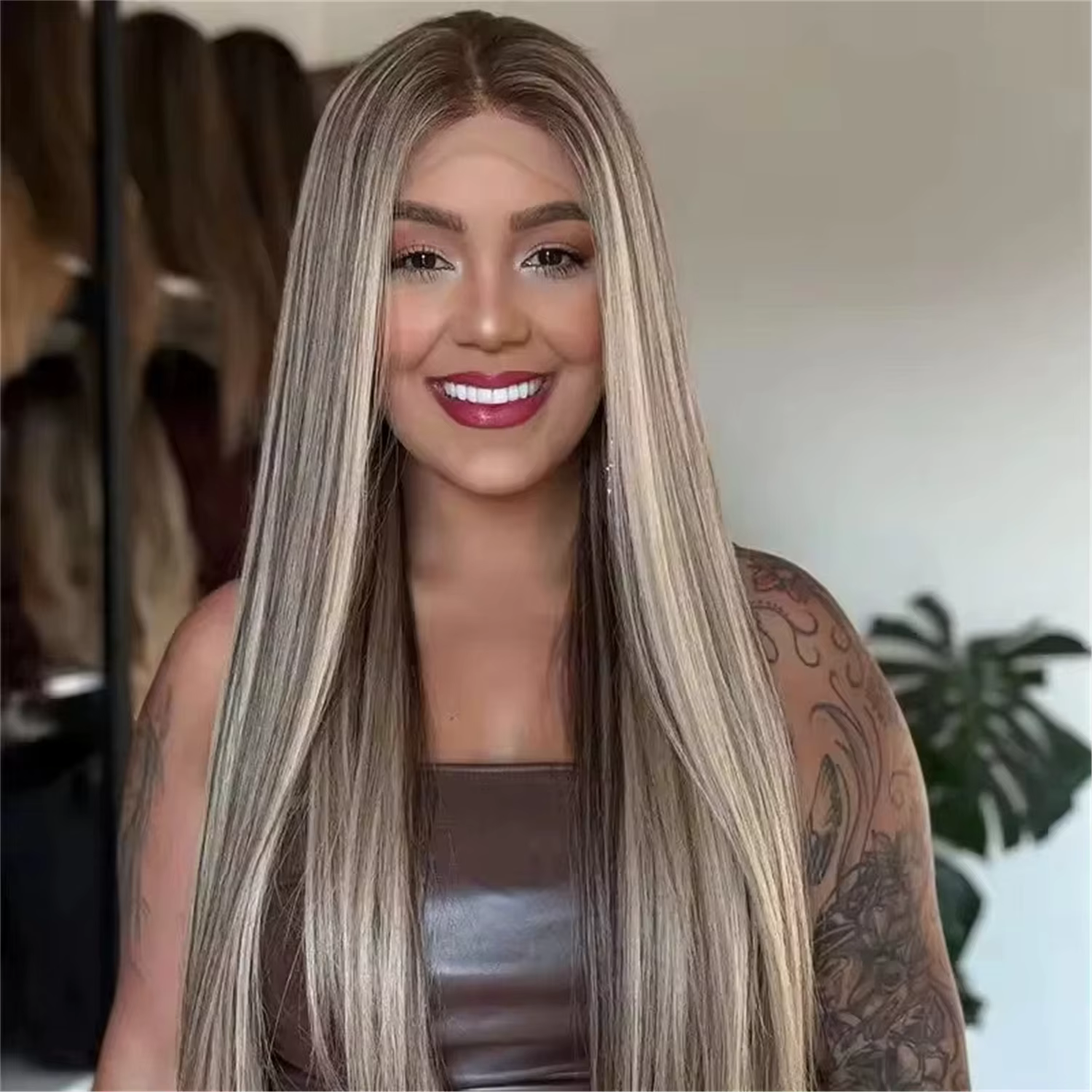 Perruque synthétique longue à dentelle, cheveux raides ombrés blond-brun, haute qualité, non nouée,