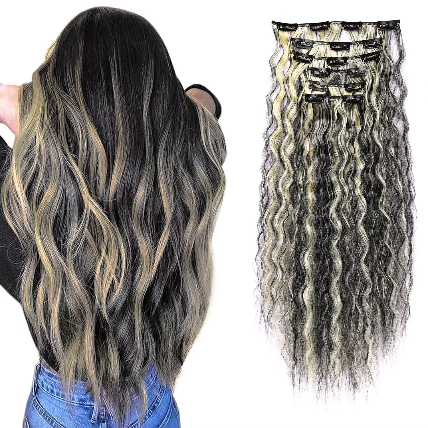 Extensions de cheveux synthétiques 6 pièces Extensions de cheveux à clips extensions de cheveux long