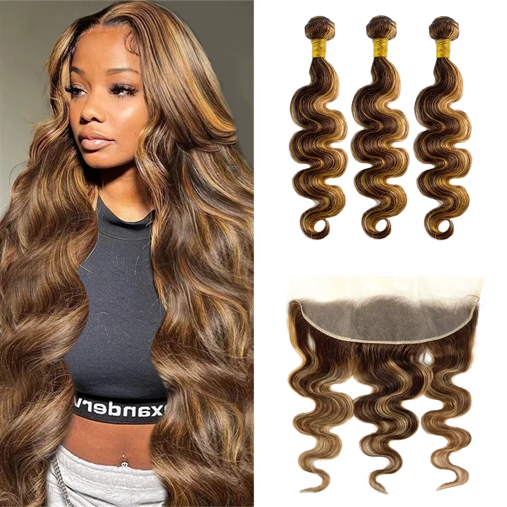 Faisceaux à reflets avec fermeture frontale brésilienne vague de corps Ombre Blonde cheveux humains 