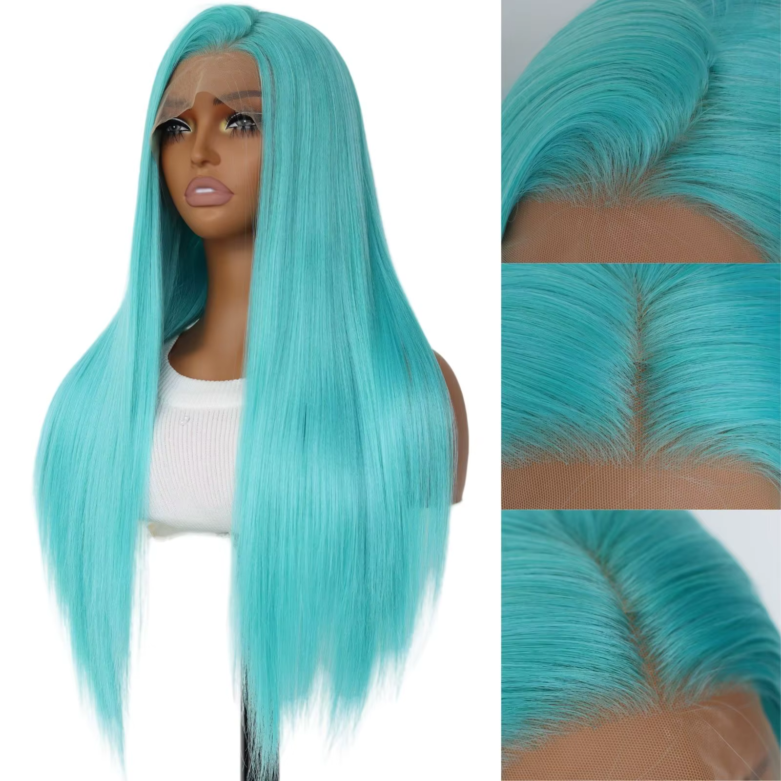 Perruque Lace Front Wig synthétique de couleur bleu menthe, cheveux longs et lisses de 24 pouces pou
