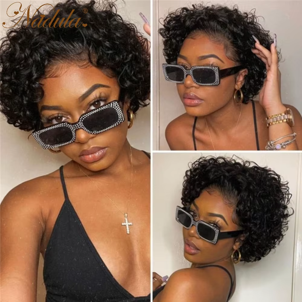 Nadula cheveux bouclés Pixie avec frange 10 "court rebondissant cheveux bouclés perruque lâche boucl