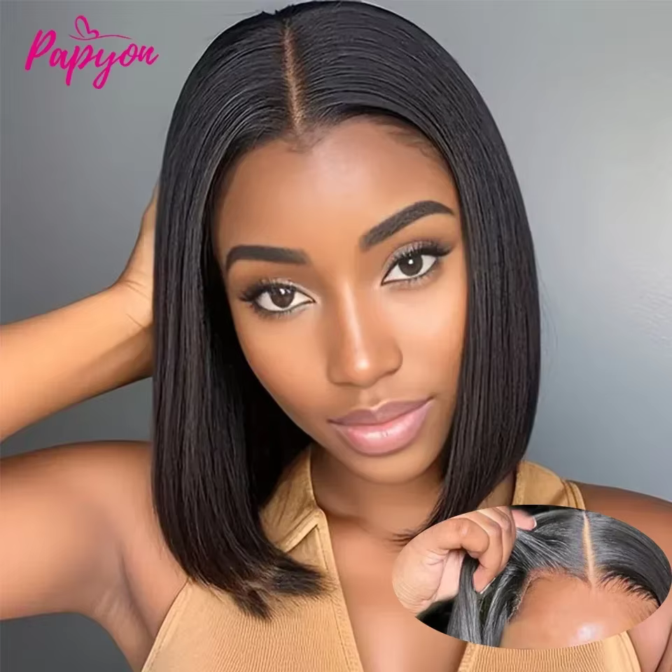 Perruque courte bob droite en cheveux humains, sans colle, prête à porter, pré-coupée, avec dentelle