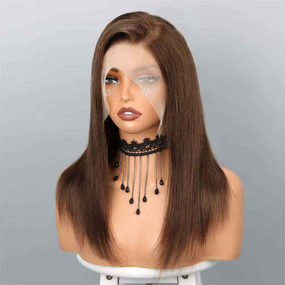 Perruques Courtes Bob en Cheveux Humains Brun Chocolat, Densité 180%, Lisses, Perruque Bob Lace Fron
