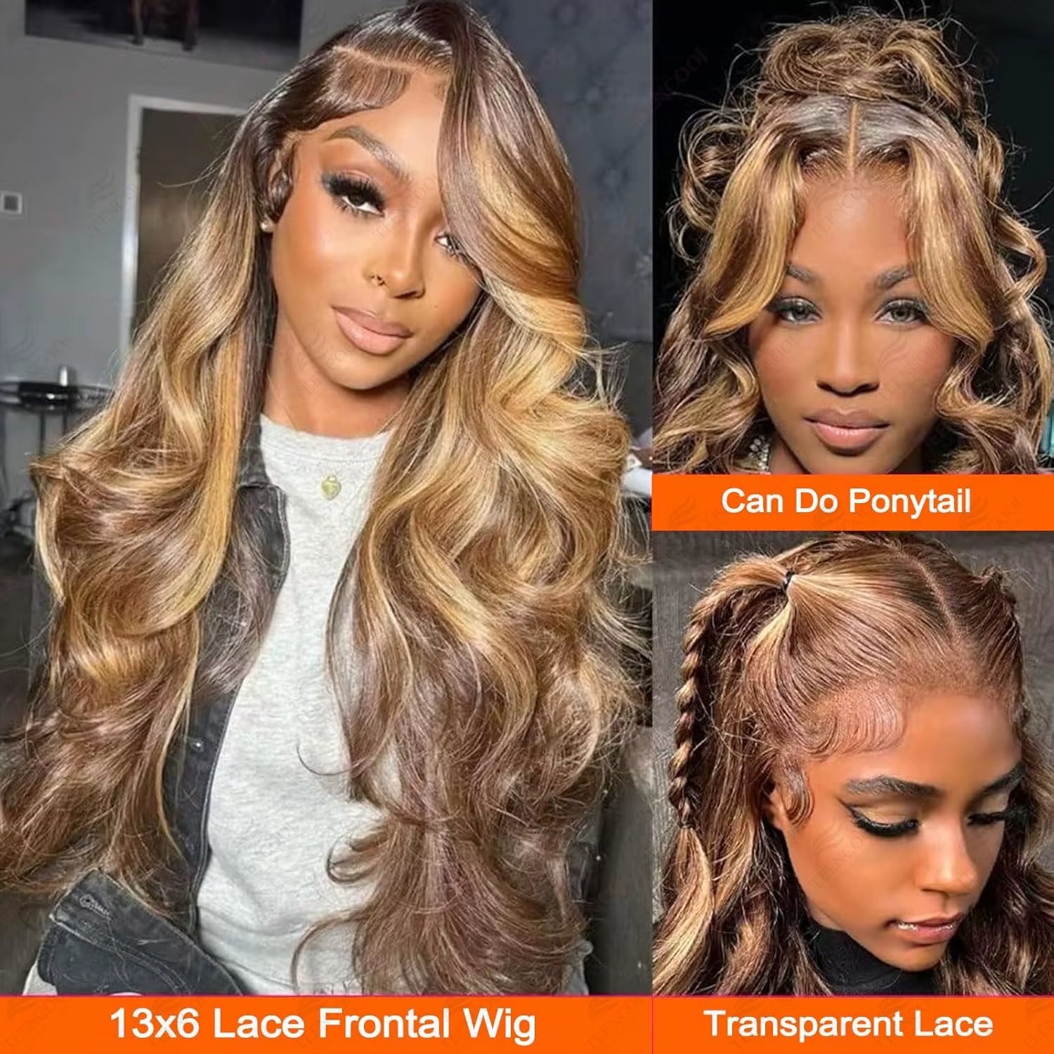 Perruque Lace Frontal Wig Body Wave brésilienne naturelle, cheveux humains à reflets colorés, 13x4,