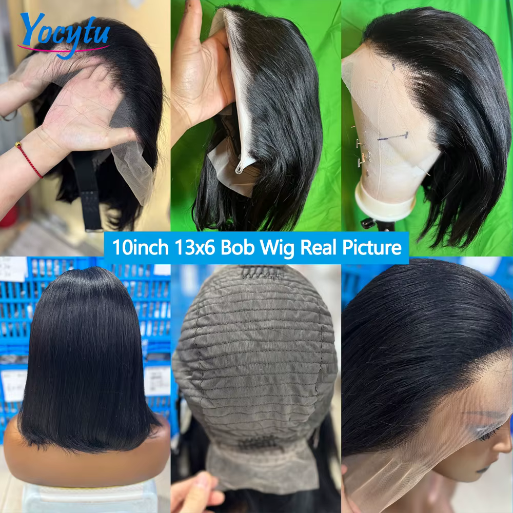 Perruque Bob Lace Front YOCYTU 13x6 en cheveux humains, 12 pouces, courte et droite, pré-épilée, ave