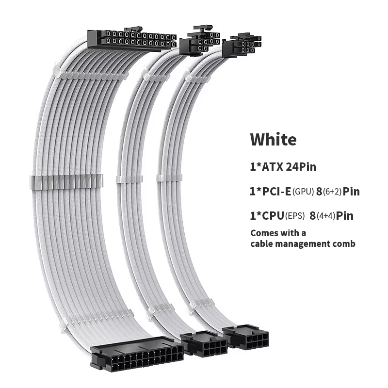 TEUCER MZ-3 Kit de câble d'extension PSU blanc 3-en-1 ensemble 300mm PSU vers ATX 24 broches PCI-E 6