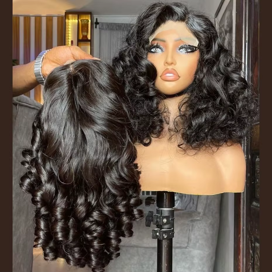 Perruque en cheveux humains 100% naturels, bouclés et volumineux, noirs, qualité supérieure, sans nœ