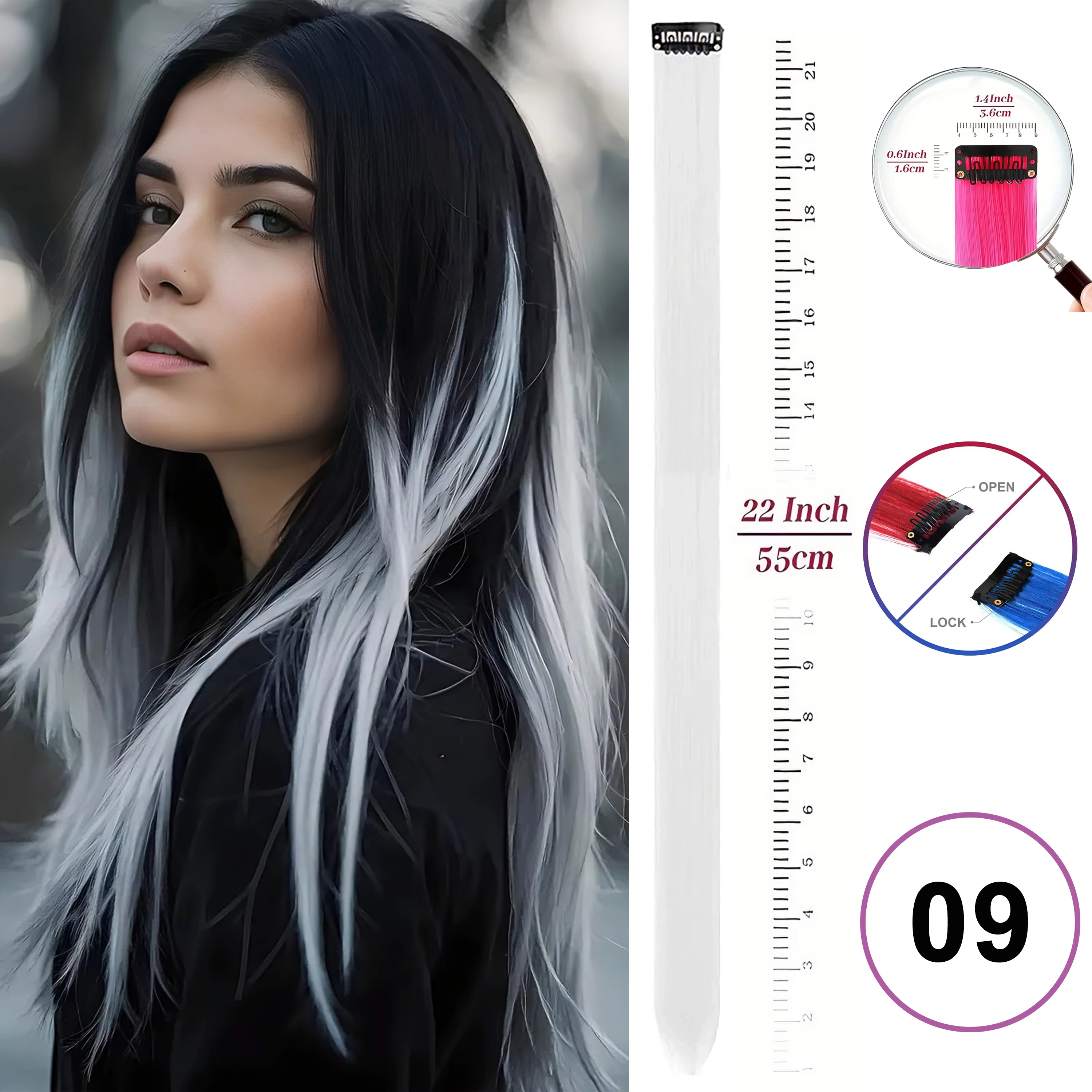 Extensions de cheveux synthétiques à clips de 22 pouces, postiches colorées à reflets longs et lisse