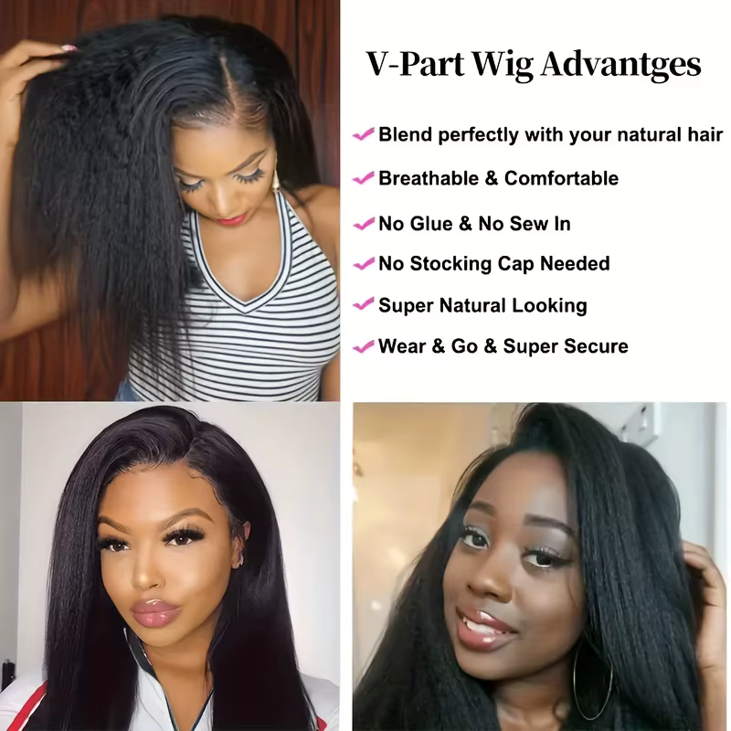 Perruque Yaki lisse crépue avec raie en V, cheveux naturels sans colle, couleur noire naturelle, san