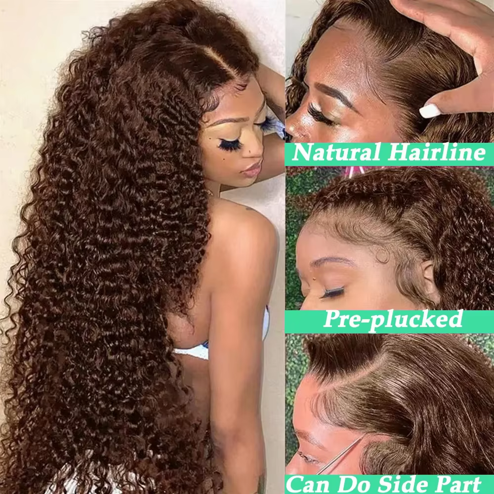 Perruques bouclées profondes en cheveux humains, brun chocolat, perruque frontale en dentelle HD 13x