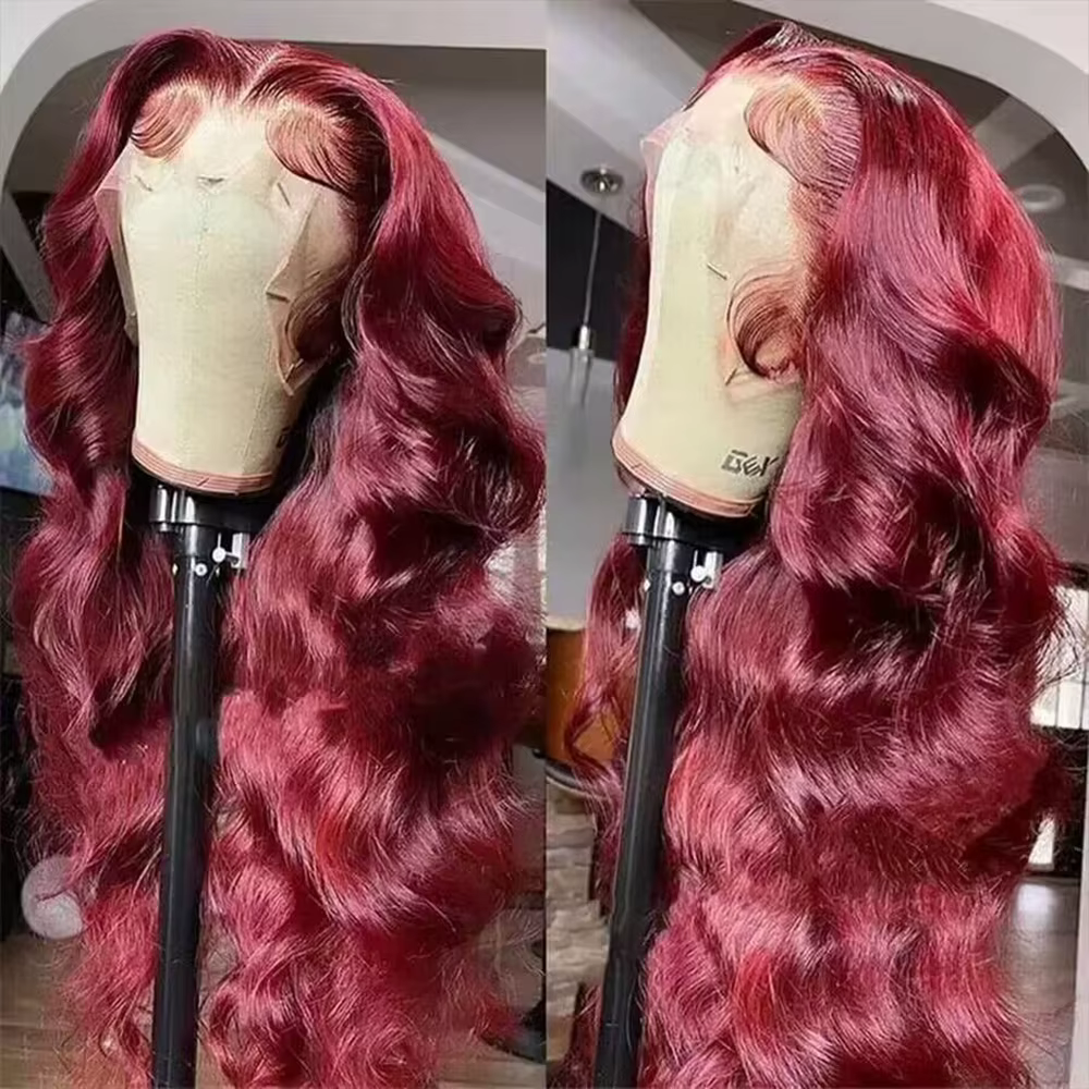 Perruque Lace Front Wig Body Wave Brésilienne Naturelle, Cheveux Humains, Couleur Rouge Bordeaux 99j