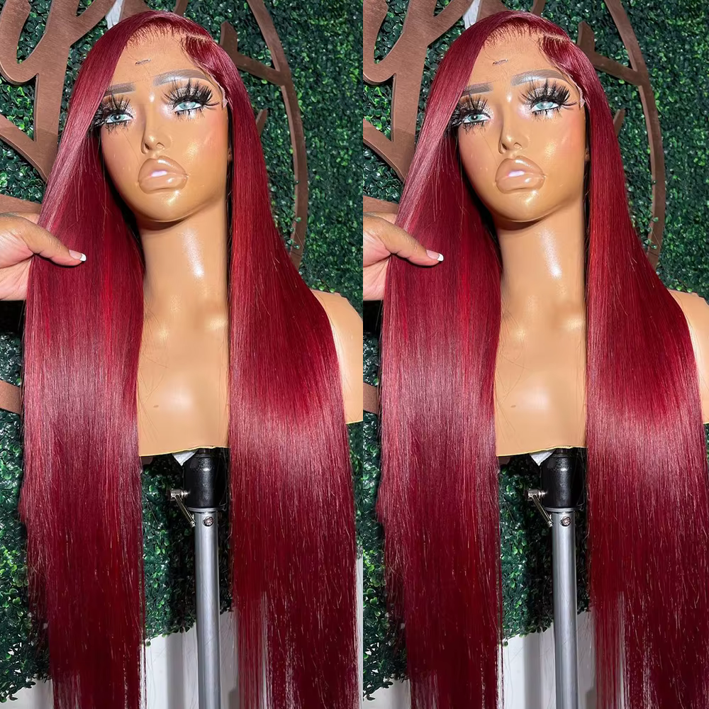 Perruque Lace Front Wig sans colle naturelle, cheveux lisses, rouge bordeaux 99J, 13x6, 13x4 HD, 30