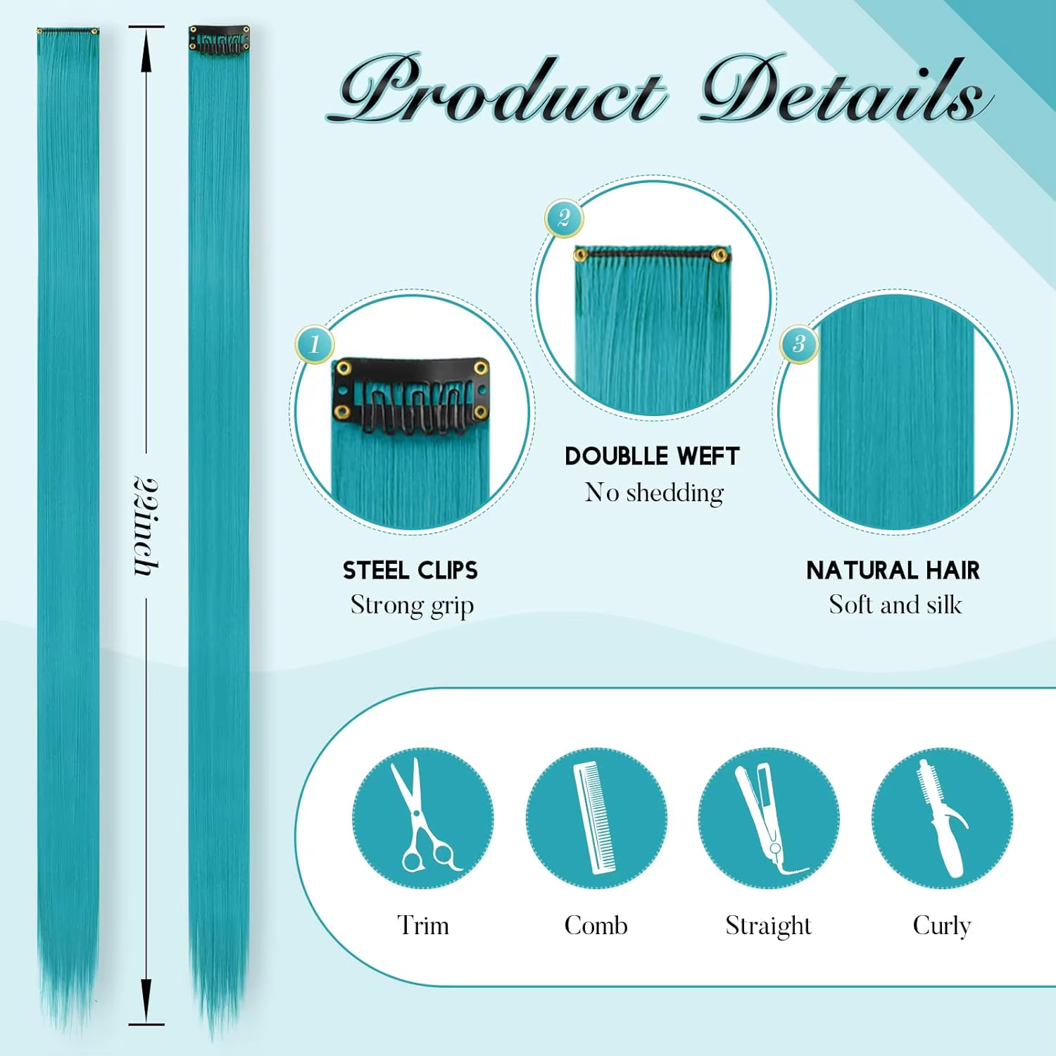 12 pièces Extensions de cheveux bleu sarcelle à clips, Extension de reflets de fête colorés pour enf