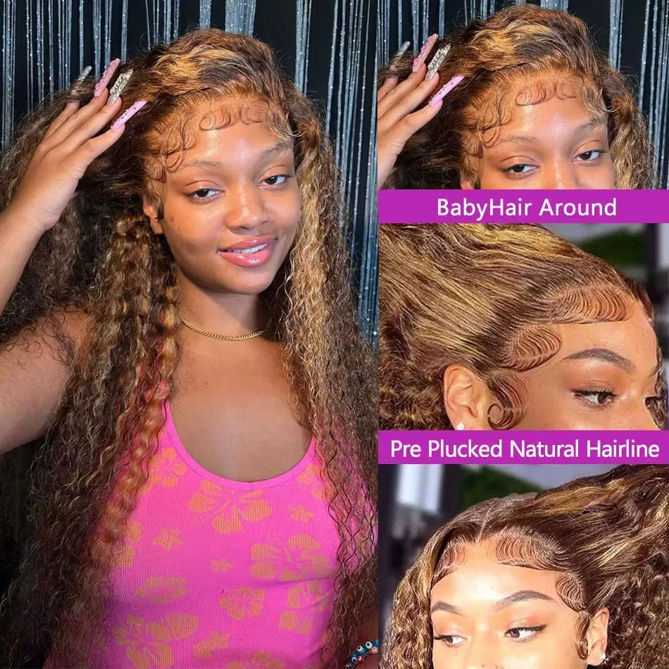 Perruque Lace Frontal Wig naturelle bouclée ombrée à reflets blonds, perruque transparente Hd ondulé