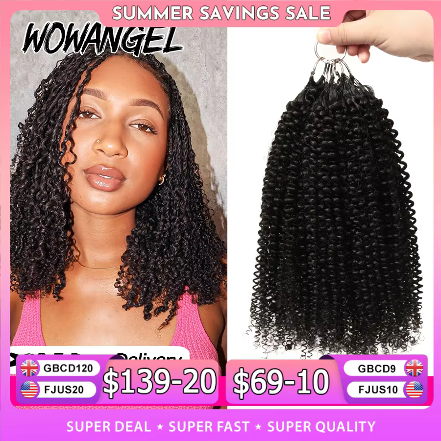 WOWANGEL Extensions de cheveux humains bouclés afro crépus à crocheter, pré-bouclées, à micro-anneau
