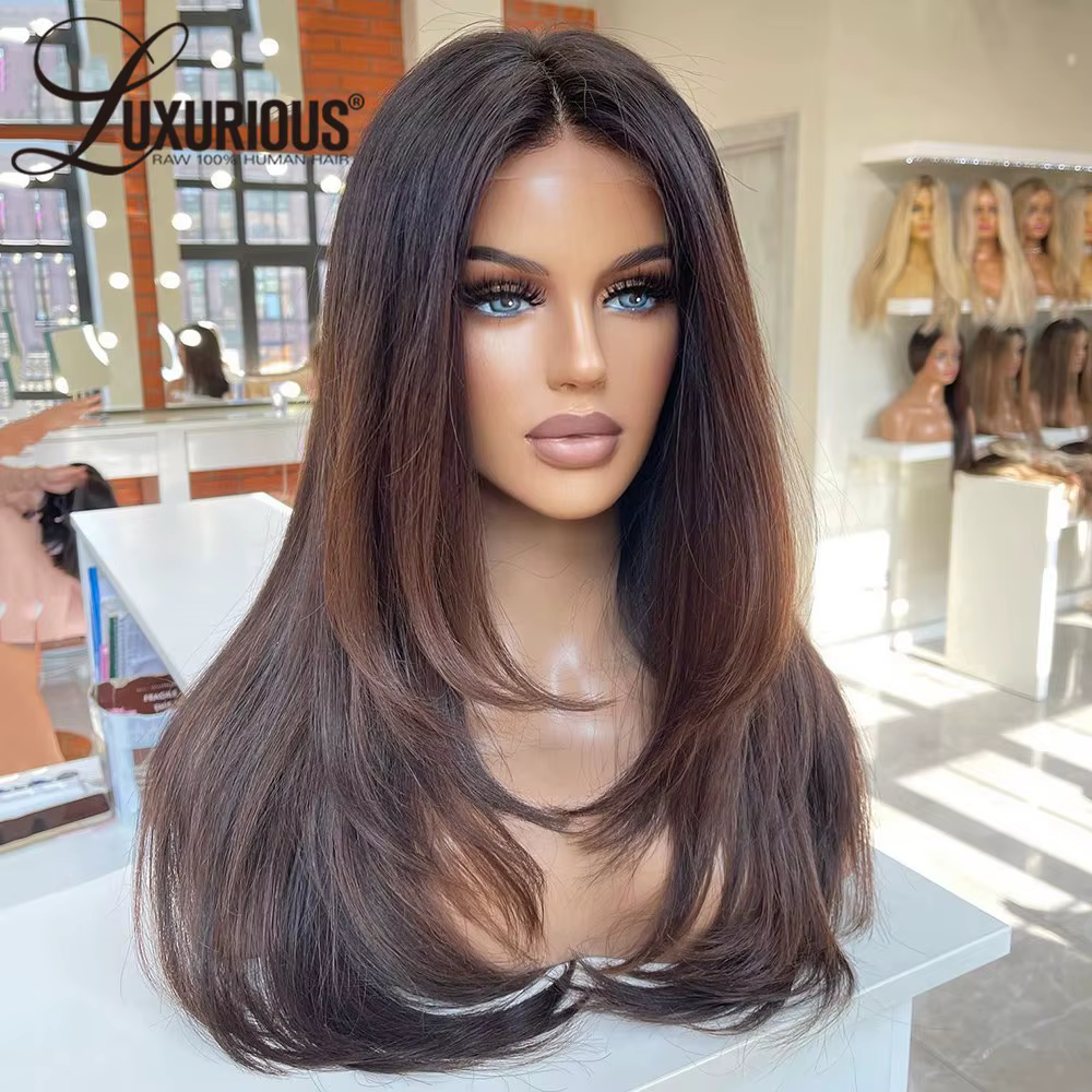 Perruque Lace Front Wig Remy brésilienne naturelle, cheveux lisses, couleur marron ombré, 13x4, pre-
