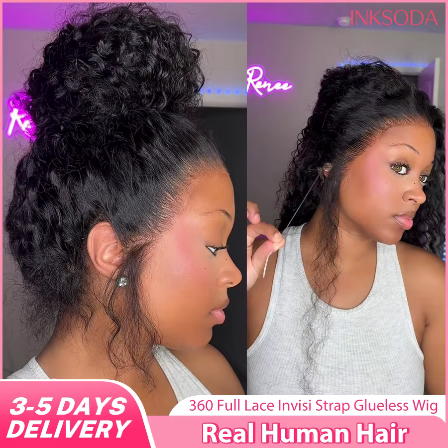 Perruque Deep Wave 360 HD Full Lace Front, Cheveux Humains Brésiliens Véritables, Pré-Pluckée, Bande