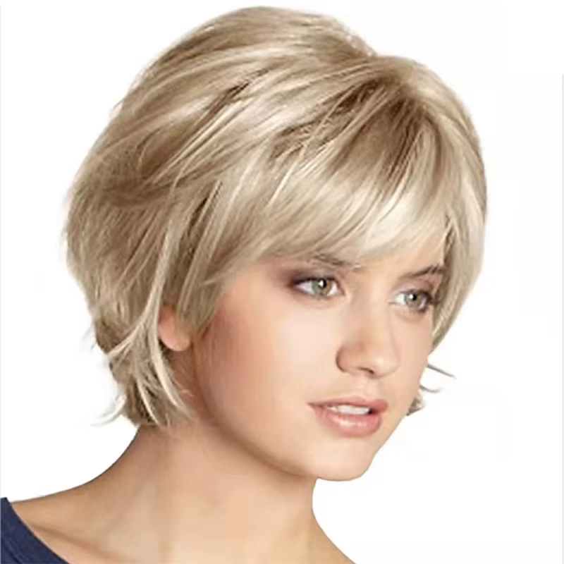 HAIRJOY perruque blonde courte avec frange Blonde mélange perruques brunes pour femmes blanches chev