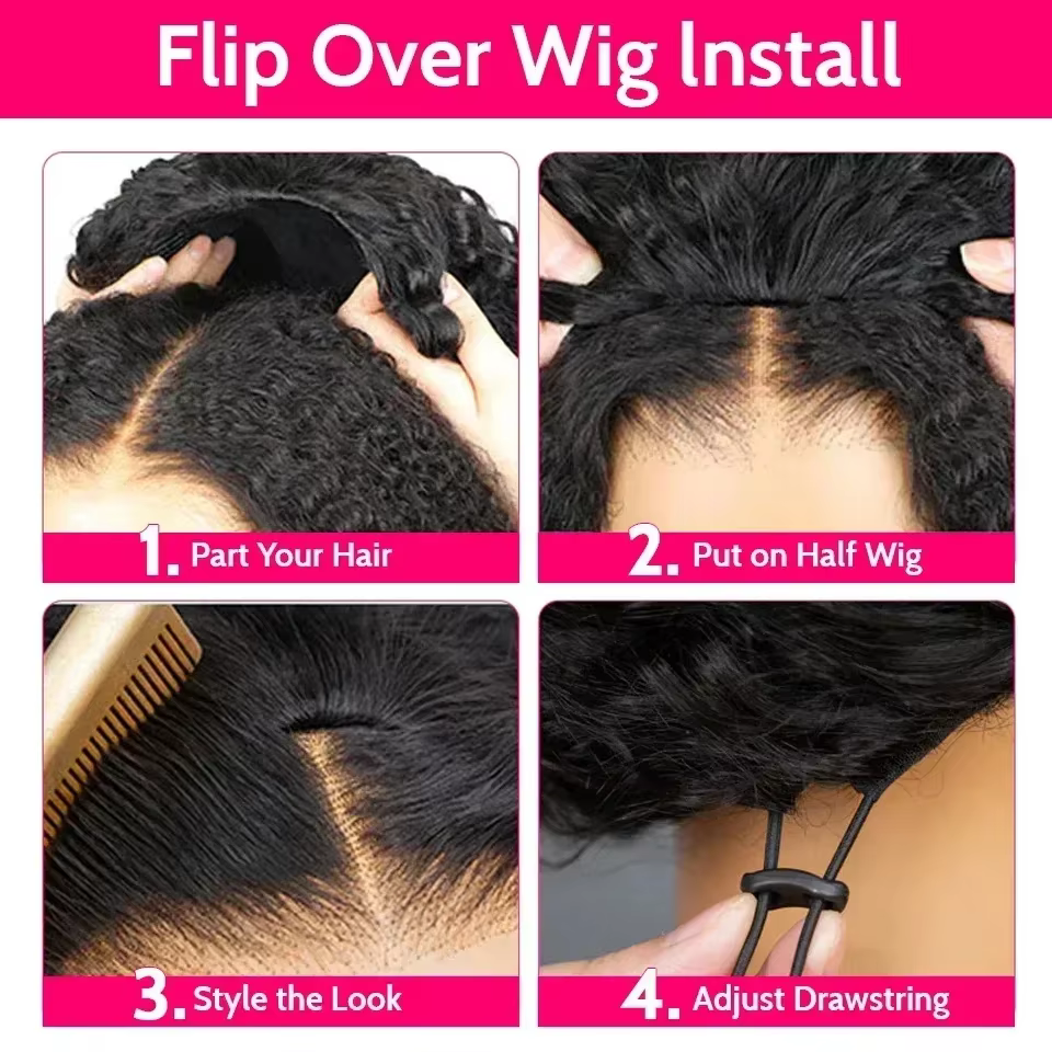 Demi-perruque sans colle, cheveux naturels, avec cordon de serrage, Clips sans couture, densité 300,